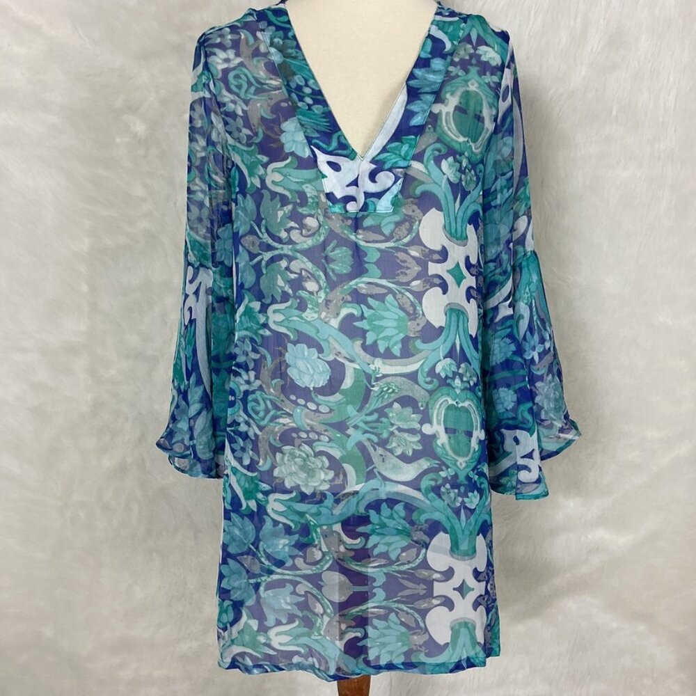 Antica Sartoria Sheer Blue Floral Bird Beach Coverup NWT One Size